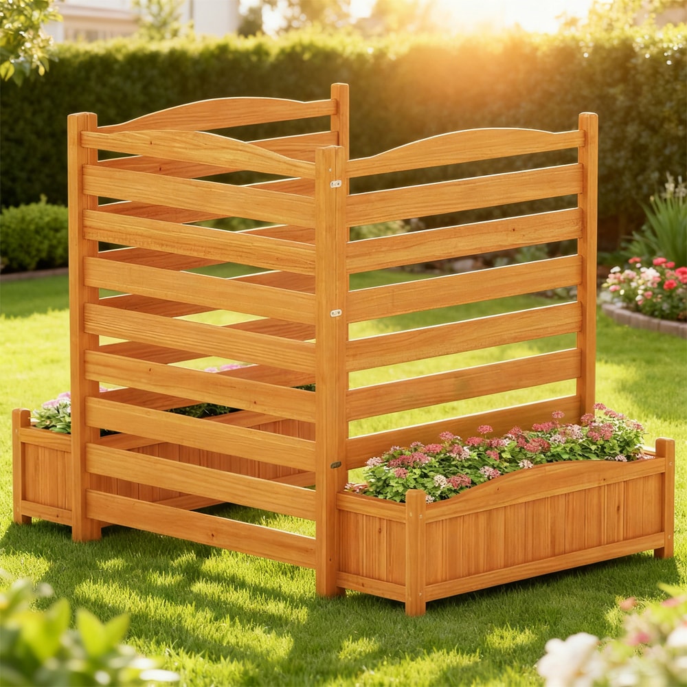 3-Panel Wood Air Conditioner Fence With Planter Box Freestanding Privacy Screen Removable Bottom Planter Box Drainage Holes_voghion.com